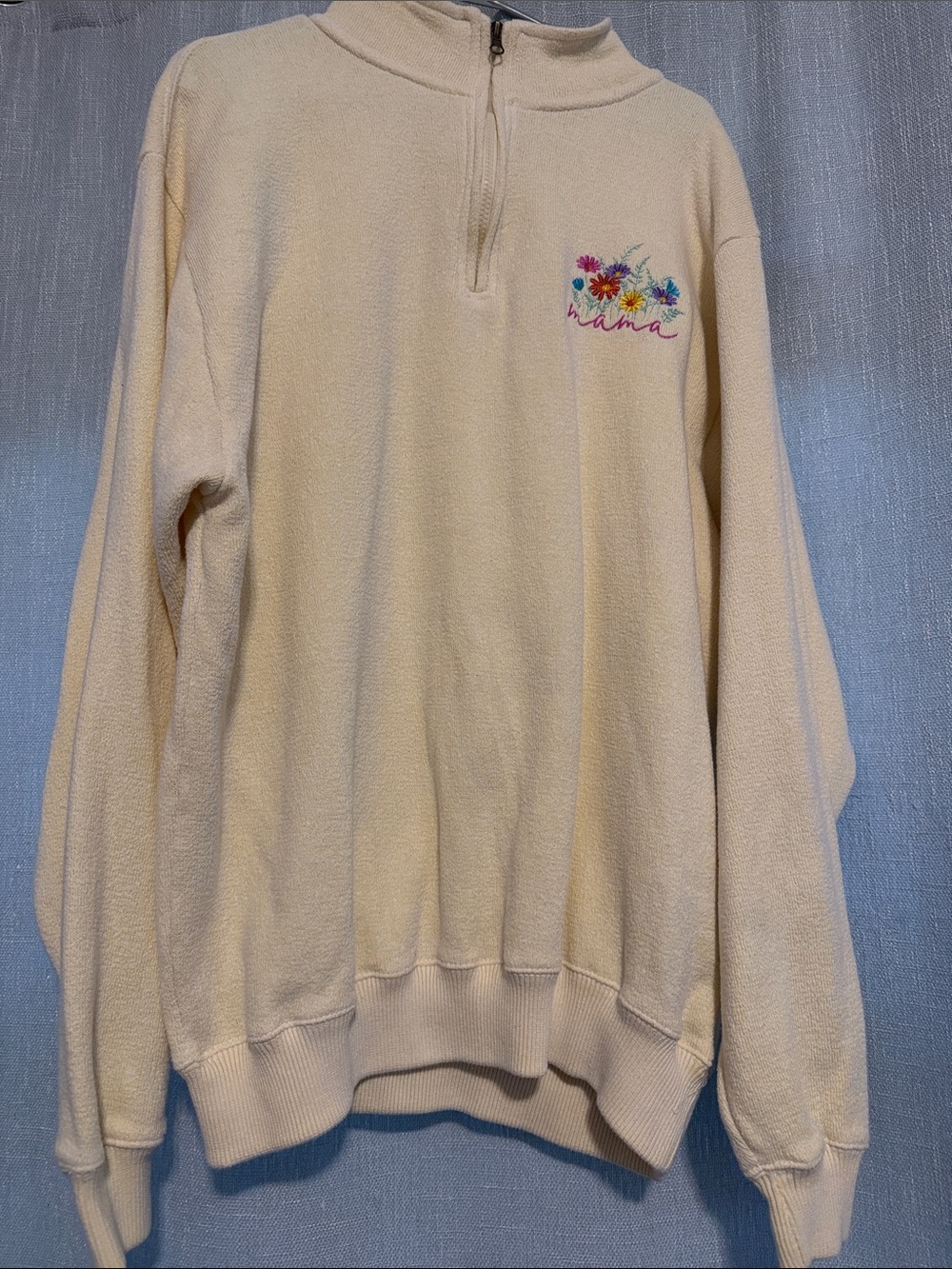 Cream Half-Zip Fleece Pullover with Floral Embroidery